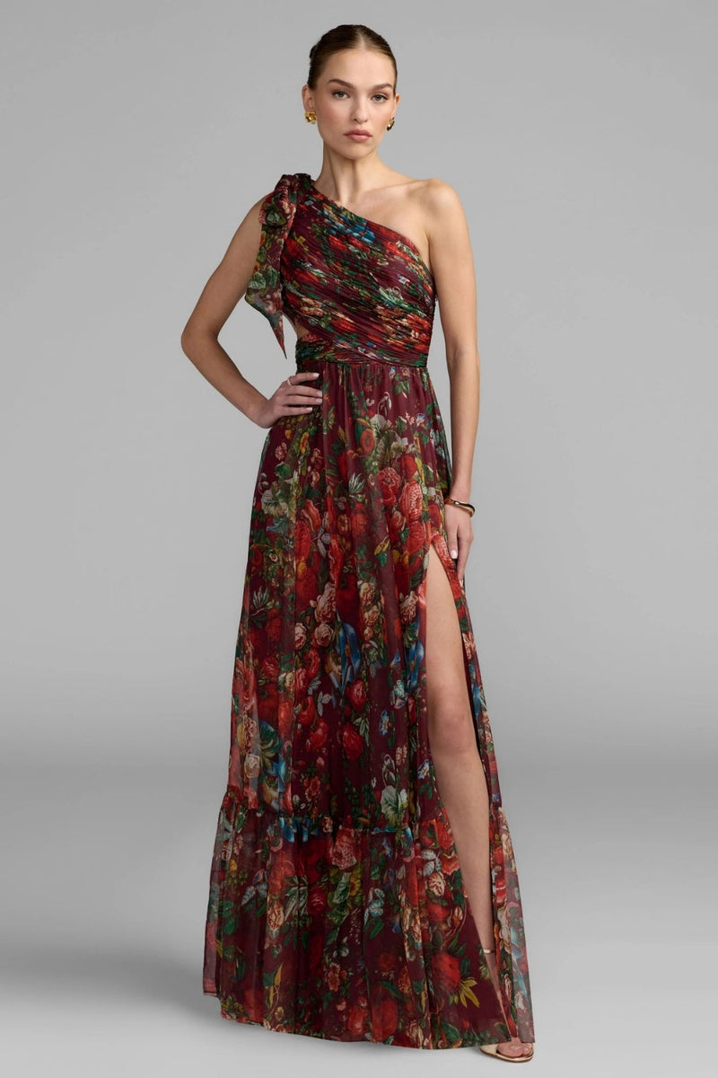 68553-Burgundy One Shoulder Floral Printed Chiffon Side Cut Out Gown polyester cocktail-and-party-dresses by Mac Duggal in multi-color for women in Singapore