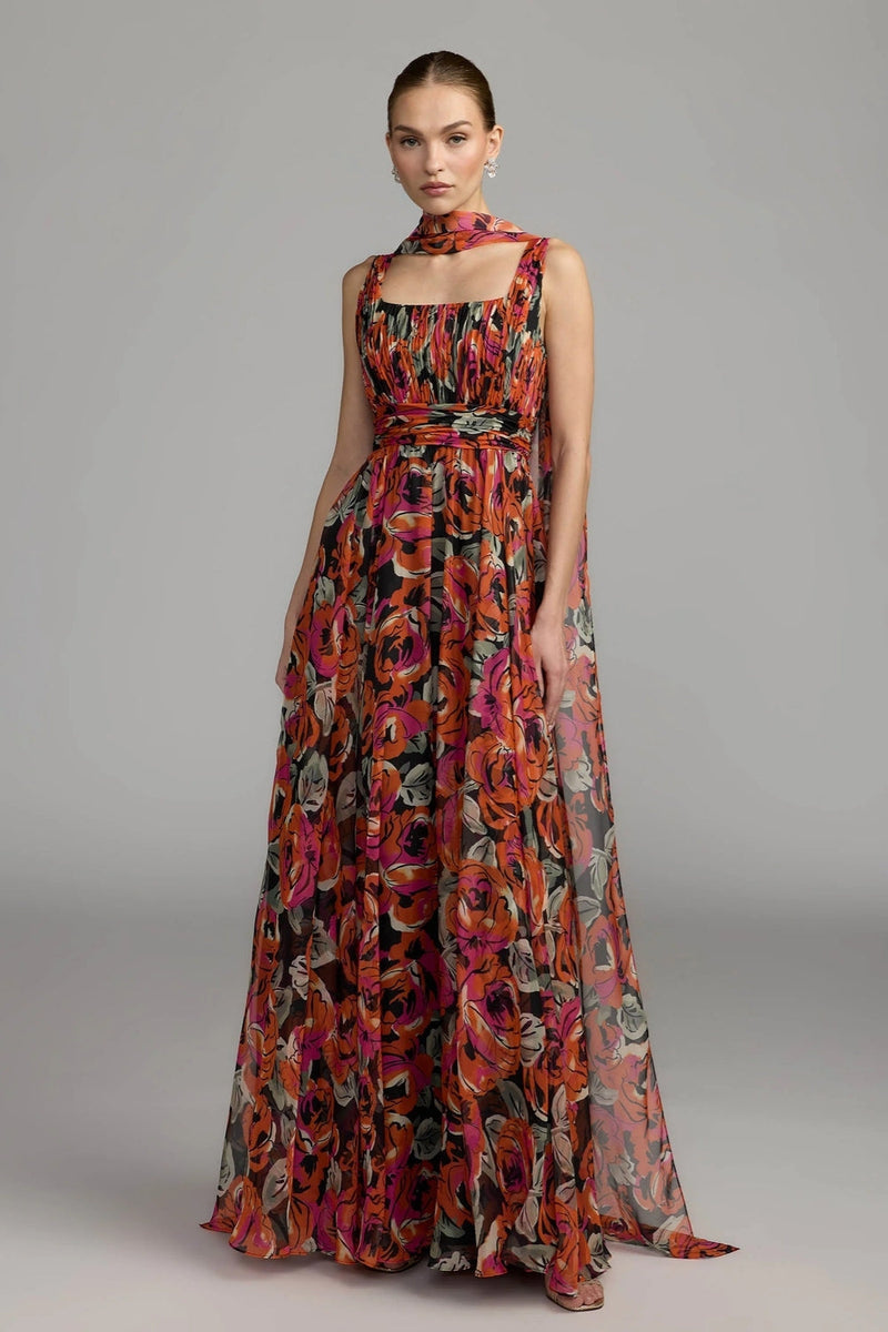 56497-Multicolor Floral Chiffon Gown With Scarf polyester cocktail-and-party-dresses by Mac Duggal in pink for women in Singapore