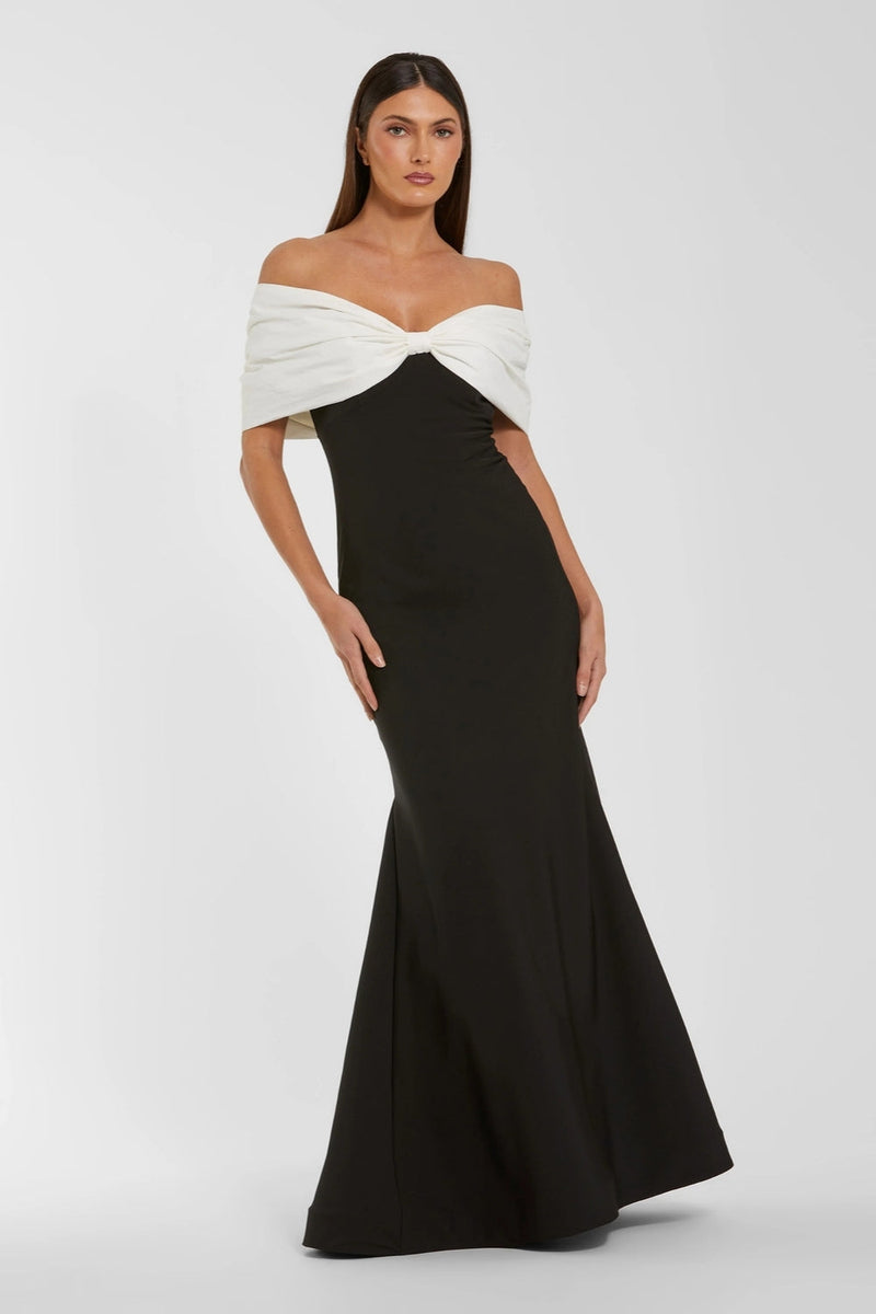 56232-Black Off The Shoulder Mermaid Gown With Bow polyester evening-gowns by Mac Duggal in black, ivory for women in Singapore