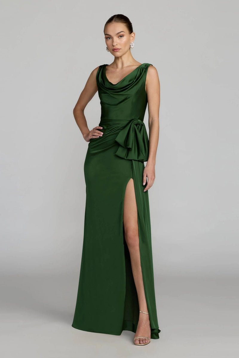 56230-Green Draped Cowl Neck Gown with Side Slit polyester evening-gowns by Mac Duggal in green for women in Singapore