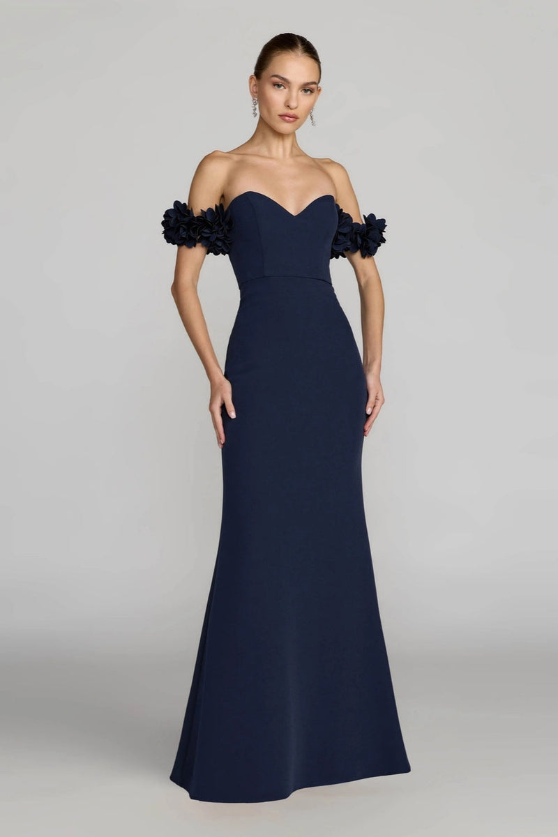 56131-Navy Crepe Off The Shoulder Gown With 3D Flowers polyester evening-gowns by Mac Duggal in blue for women in Singapore