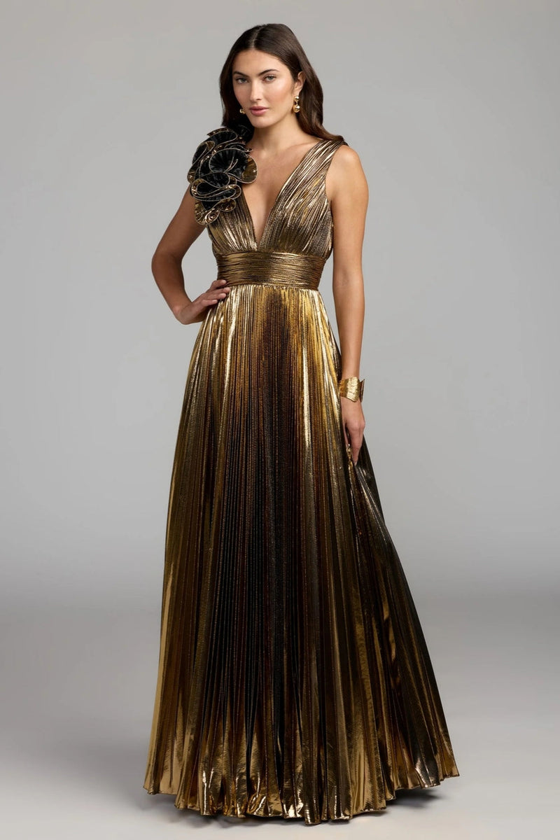 50212-Gold Sleeveless Metallic V-Neck Gown With Ruffle Detail polyester evening-gowns by Mac Duggal in yellow for women in Singapore
