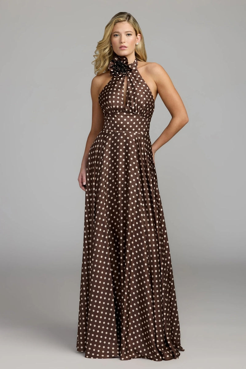 50210-Brown Polka Dot A-Line Halter Gown With Rosette polyester evening-gowns by Mac Duggal in multi-color for women in Singapore