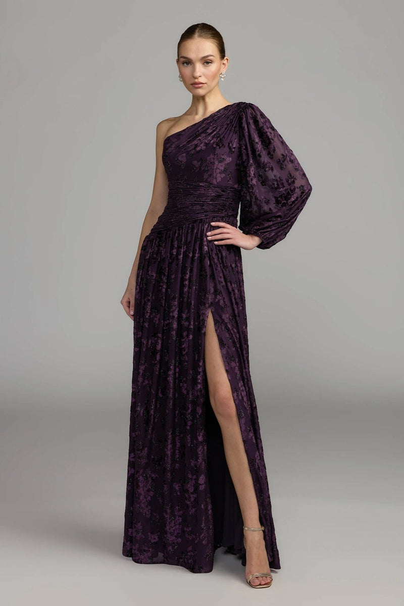 50179-Deep Purple One Shoulder Long Sleeve Burnout Velvet Gown polyester evening-gowns by Mac Duggal in purple for women in Singapore