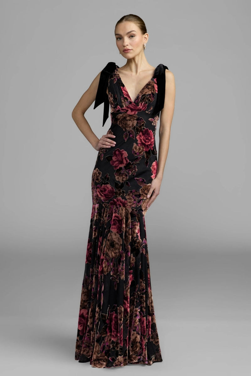 50175-Black Floral Velvet Mermaid Gown With Bows polyester cocktail-and-party-dresses by Mac Duggal in multi-color for women in Singapore