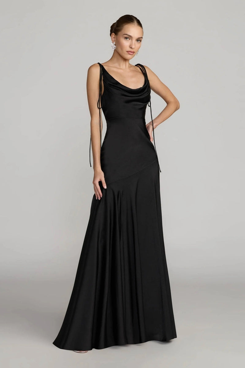 49914-Black Charmeuse Cowl Gown With Thin Bow Straps polyester evening-gowns by Mac Duggal in black for women in Singapore