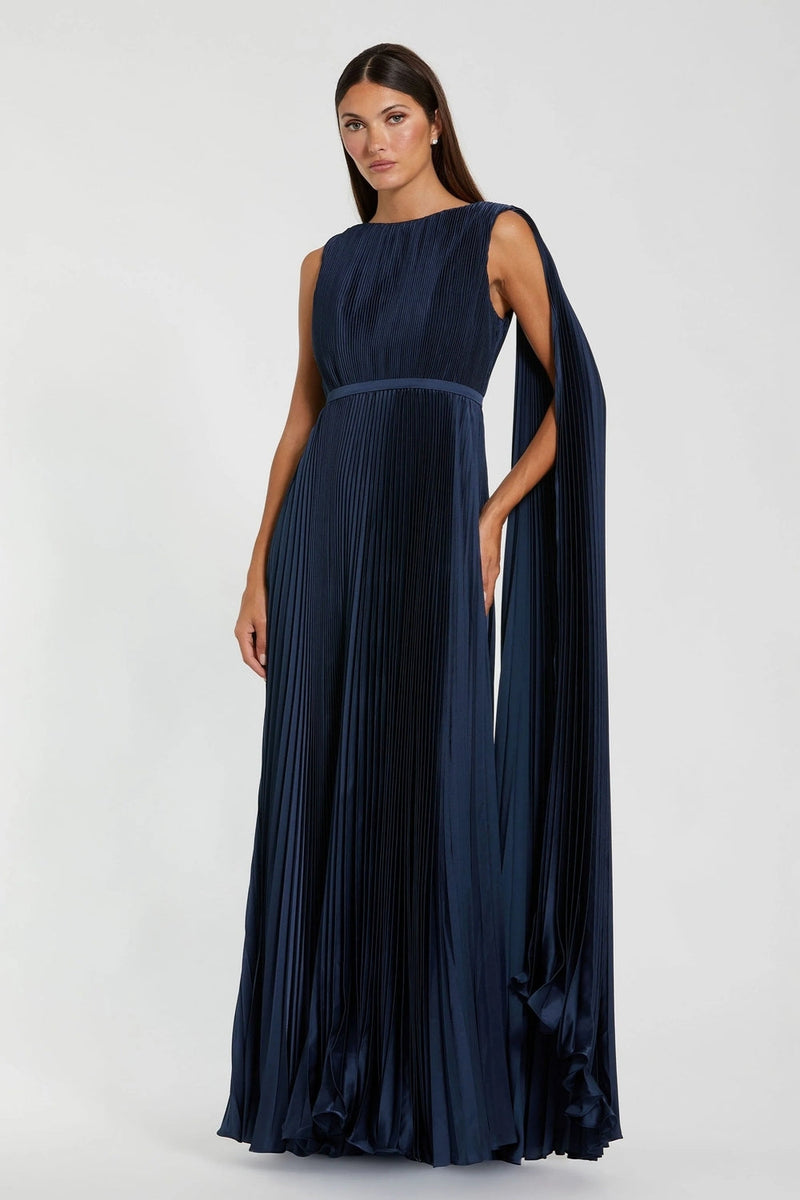 49716-Navy Pleated Cape Back Gown polyester evening-gowns by Mac Duggal in blue for women in Singapore