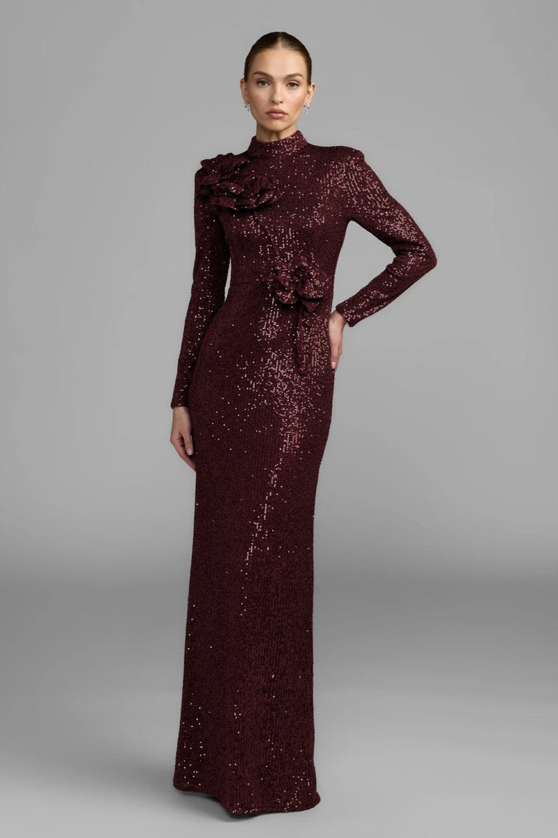 37157-Burgundy Long Sleeve Sequin Gown With Flowers polyester evening-gowns by Mac Duggal in maroon for women in Singapore