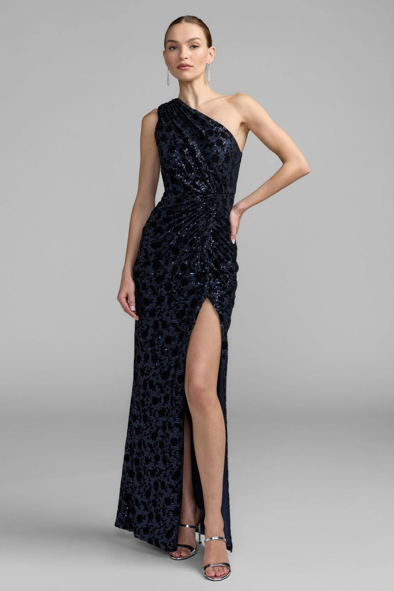 27900-Navy Floral One Shoulder Sequin Gown With Slit polyester evening-gowns by Mac Duggal in blue for women in Singapore