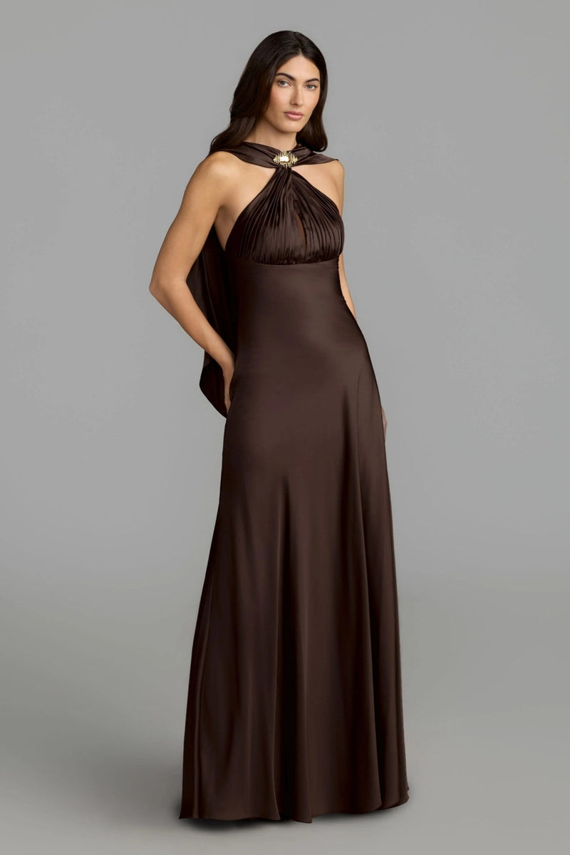 27878-Brown Charmeuse Cowl Back Halter Gown polyester evening-gowns by Mac Duggal in brown for women in Singapore