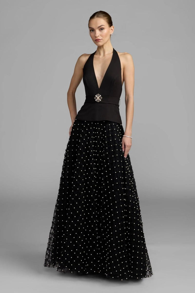 27865-Black Halter Pearl Embellished A-Line Gown polyester evening-gowns by Mac Duggal in black for women in Singapore