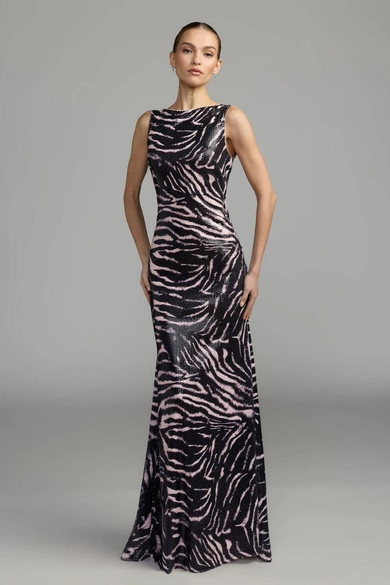 27860-Black and Pink Tiger Print Cowl Back Sequin Gown polyester evening-gowns by Mac Duggal in multi-color for women in Singapore