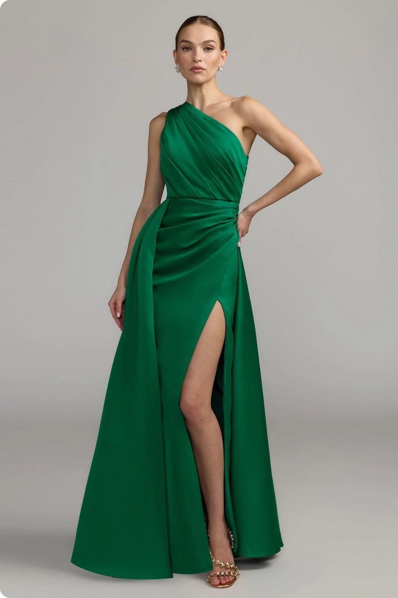 27784-Emerald One Shoulder Satin Gown With Overskirt polyester evening-gowns by Mac Duggal in green for women in Singapore