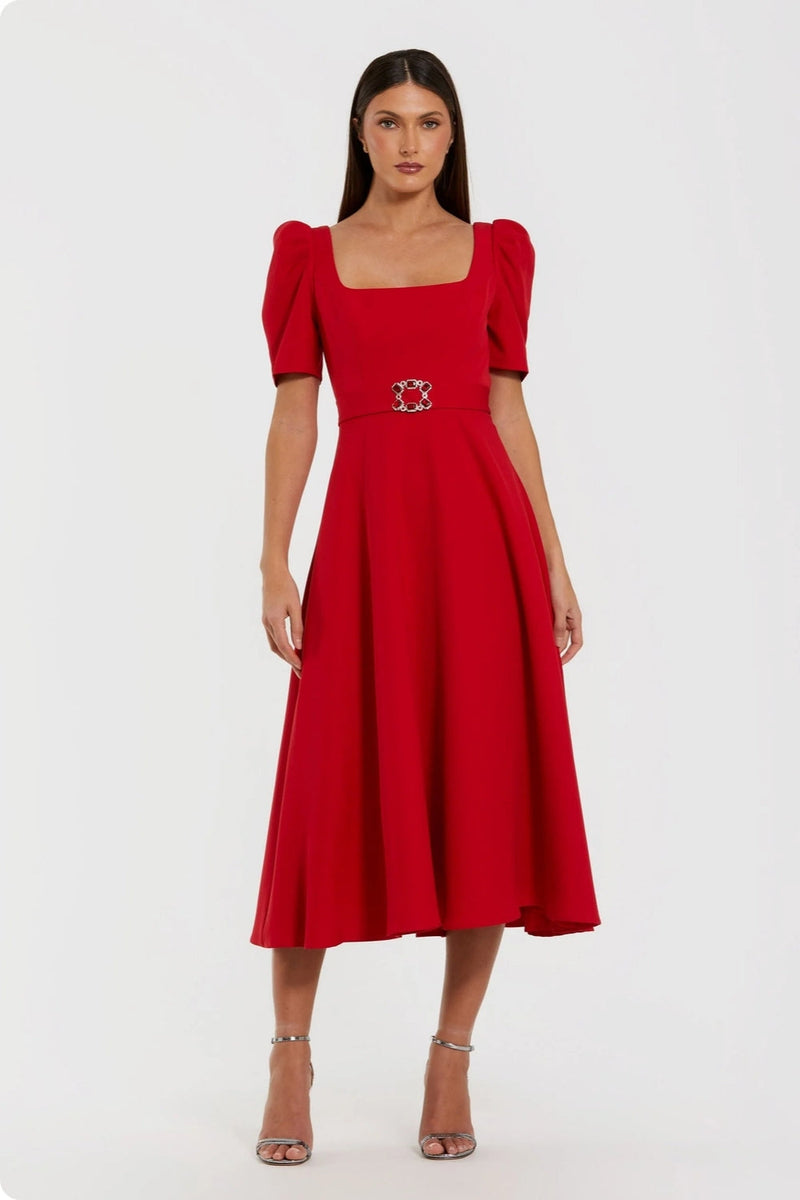 27714-Red Square Neck Short Sleeve Midi Dress With Belt polyester evening-gowns by Mac Duggal in red for women in Singapore