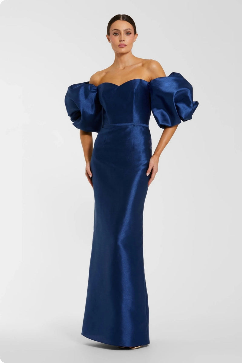 27276-Blue Off The Shoulder Puff Sleeve Satin Evening Gown polyester evening-gowns by Mac Duggal in blue for women in Singapore