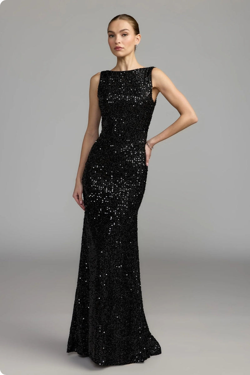 26331-Black Cowl Back Boat Neck Sequined Evening Gown polyester evening-gowns by Mac Duggal in black for women in Singapore