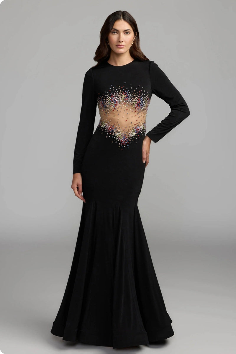 21432-Black Crystal Embellished Illusion Jersey Gown polyester evening-gowns by Mac Duggal in black for women in Singapore