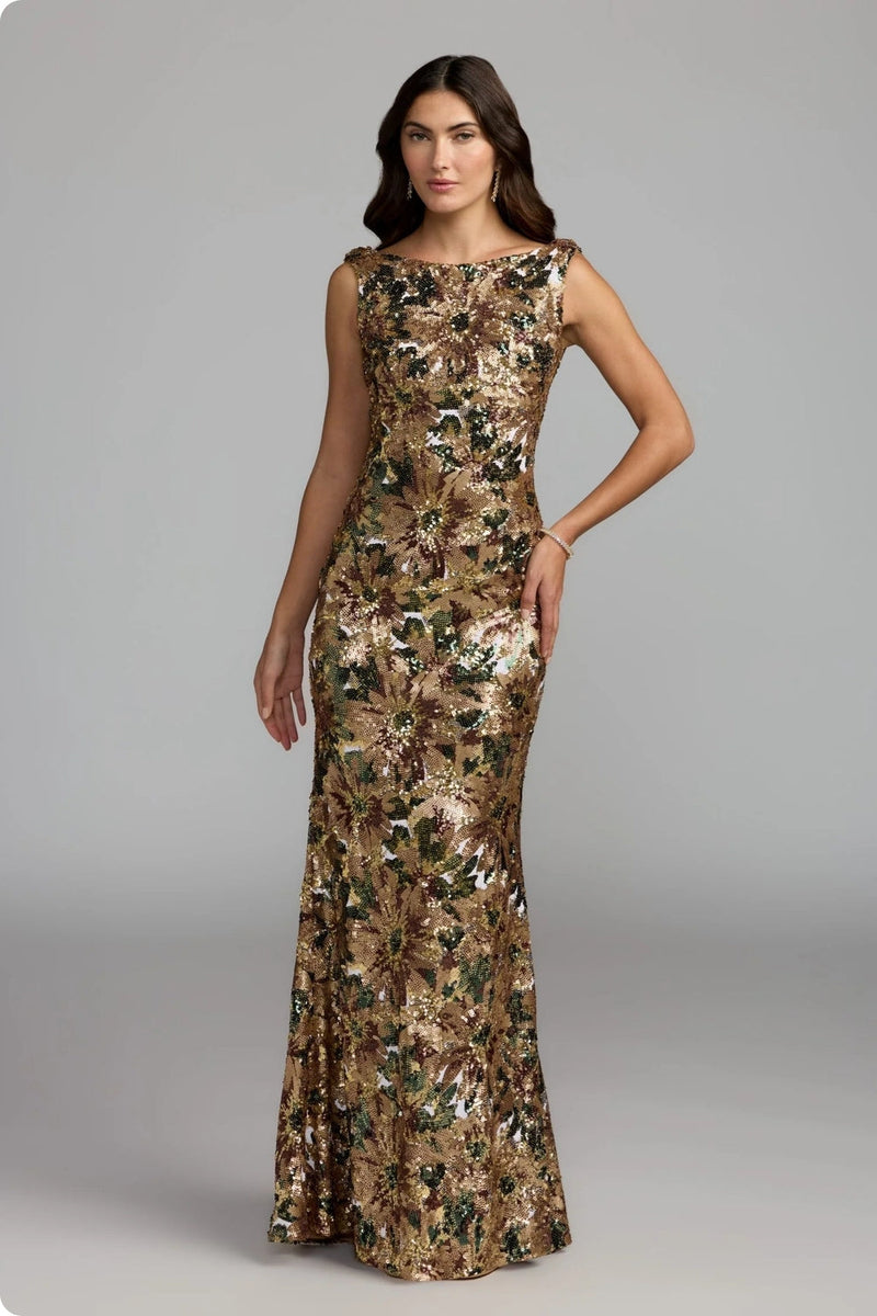 21392-Gold Floral Sequin Cowl Back Trumpet Gown polyester evening-gowns by Mac Duggal in multi-color for women in Singapore