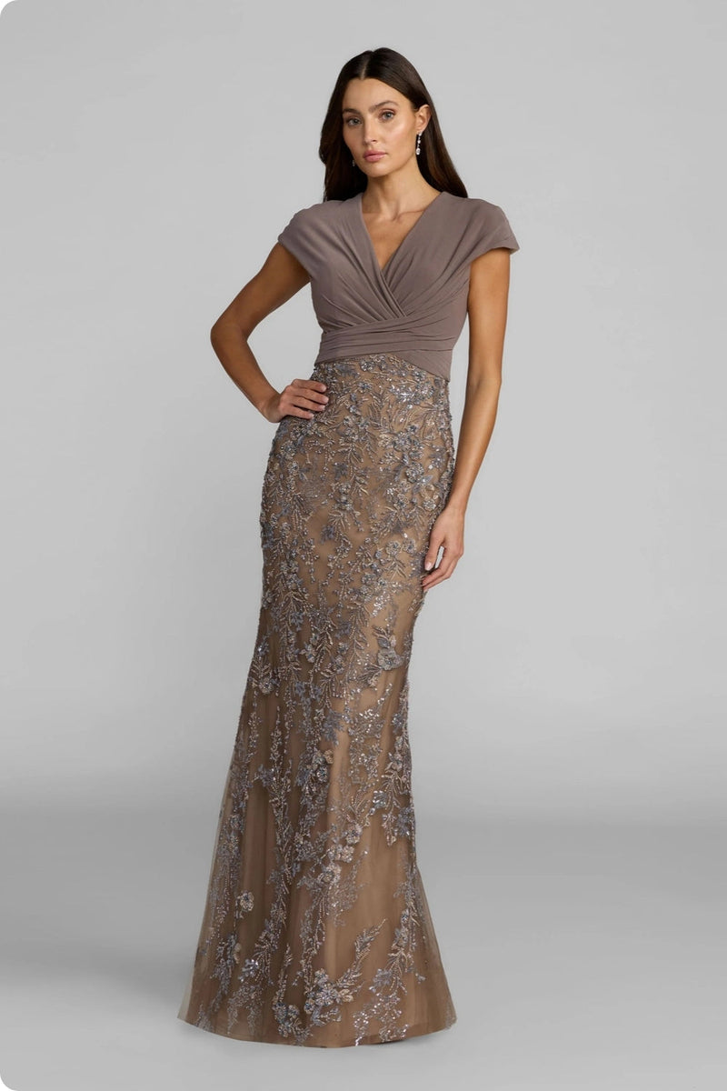 21291-Beige Jersey Wrap Top Floral Sequin Gown polyester evening-gowns by Mac Duggal in multi-color for women in Singapore