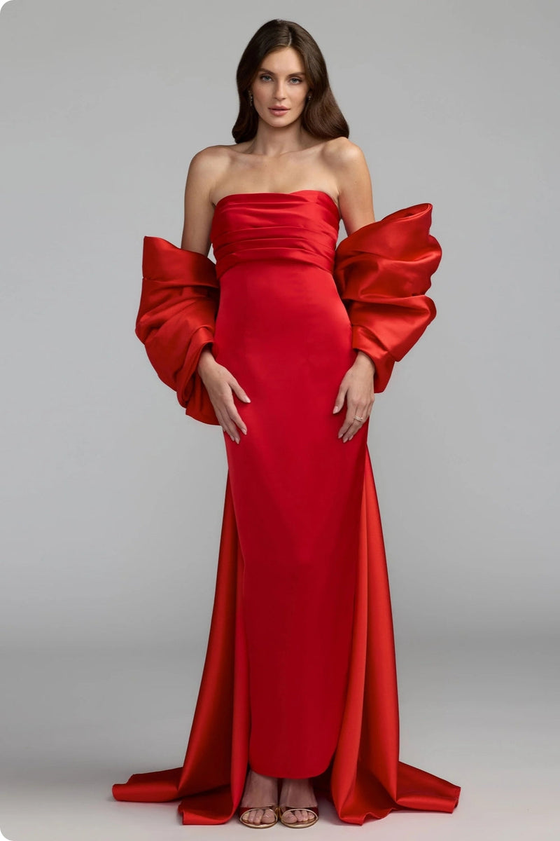 21192-Red Satin Column Gown With Oversized Bow polyester evening-gowns by Mac Duggal in red for women in Singapore