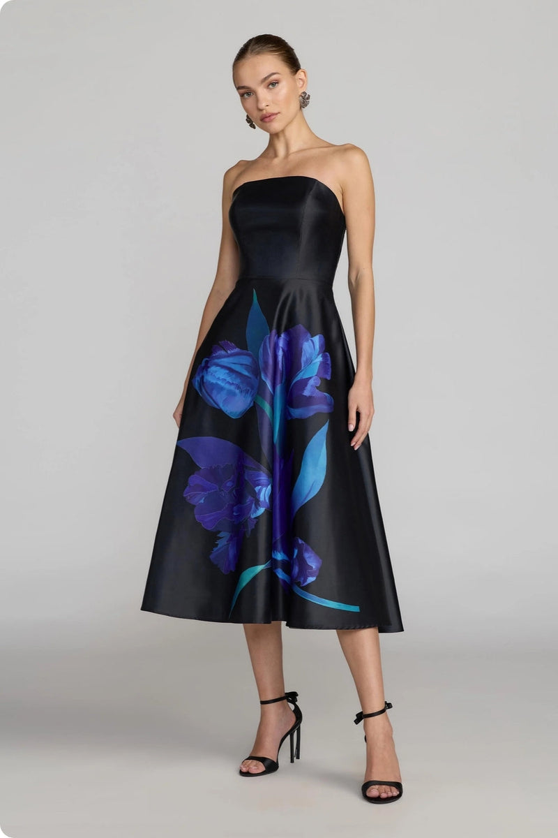 21075-Black Strapless Satin Midi Dress With Flower Print polyester cocktail-and-party-dresses by Mac Duggal in multi-color for women in Singapore