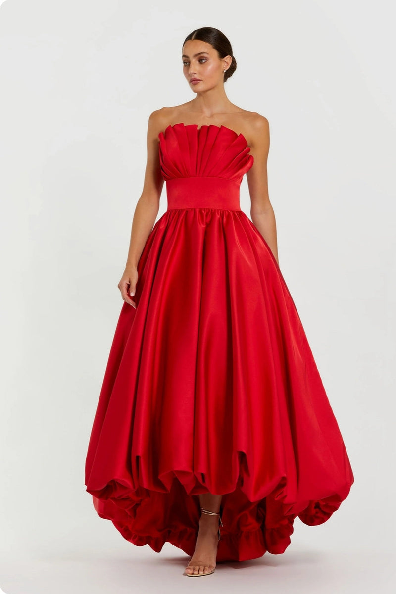 21037-Red Strapless Bubble Hem High Low Ball Gown polyester cocktail-and-party-dresses by Mac Duggal in red for women in Singapore