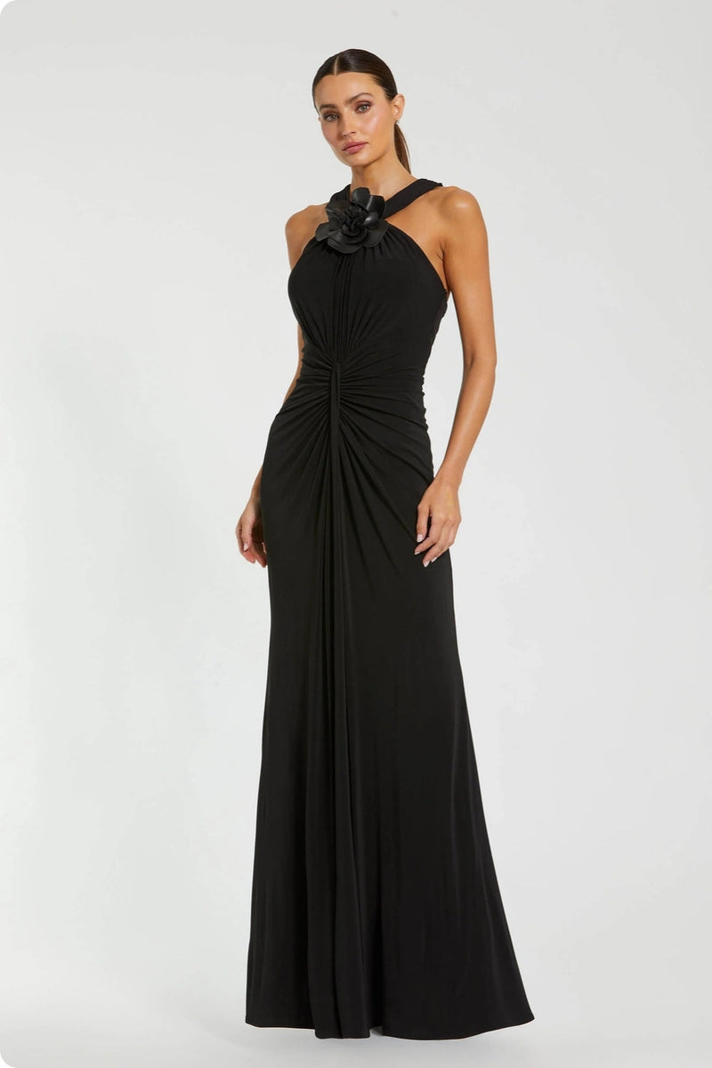 21006-Black Jersey Halter Neck Gown With 3D Flower polyester evening-gowns by Mac Duggal in black for women in Singapore