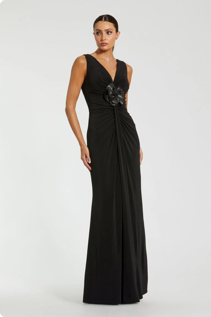 21005-Black Sleeveless Jersey Gown With 3D Flower polyester evening-gowns by Mac Duggal in black for women in Singapore