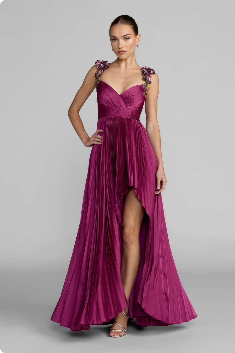 13263-Magenta Pleated High Low Gown With 3D Floral Straps polyester evening-gowns by Mac Duggal in pink for women in Singapore