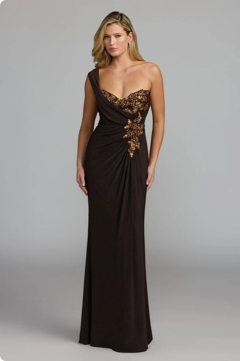 13243-Brown One Shoulder Embellished Jersey Gown polyester evening-gowns by Mac Duggal in brown for women in Singapore