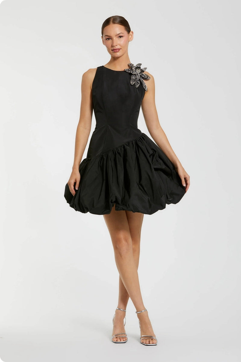 11952-Black Bubble Hem Mini Dress with 3D Floral Appliqué polyester cocktail-and-party-dresses by Mac Duggal in black for women in Singapore
