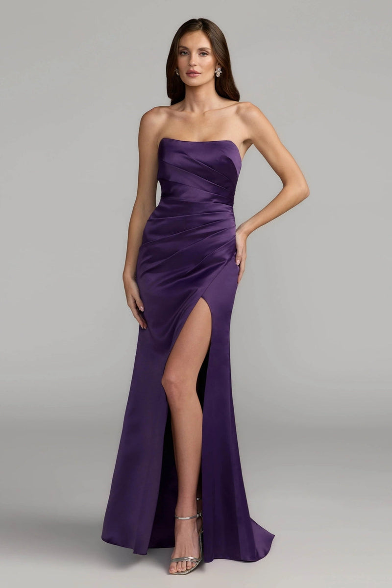 11653-Dark Purple Strapless Satin Gown With Slit polyester evening-gowns by Mac Duggal in purple for women in Singapore