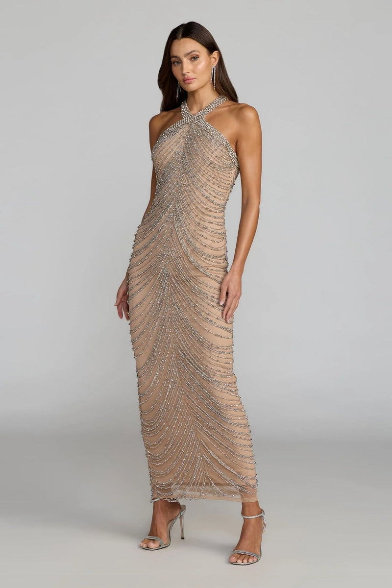 10206-Beige Halter Neck Embellished Maxi Dress polyester evening-gowns by Mac Duggal in grey for women in Singapore