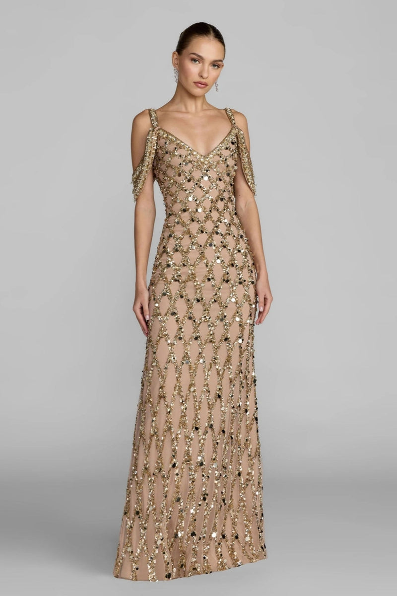 10139-Gold Sequin Embellished V-Neck Gown polyester evening-gowns by Mac Duggal in yellow for women in Singapore