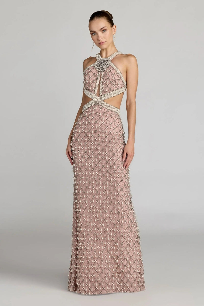 10098-Pink Pearl Embellished Open Back Gown polyester evening-gowns by Mac Duggal in pink for women in Singapore
