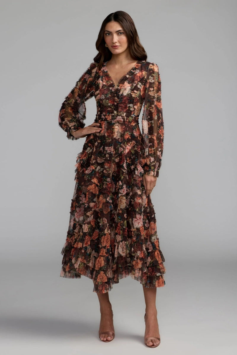 8509-Brown Floral Long Sleeve Mirco Ruffle Midi Dress polyester cocktail-and-party-dresses by Mac Duggal in multi-color for women in Singapore