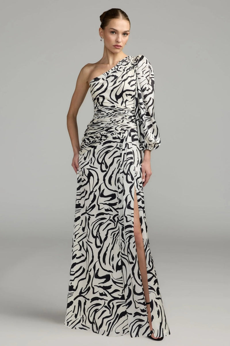 2634-White Abstract Print One Shoulder Charmeuse Gown With Slit polyester cocktail-and-party-dresses by Mac Duggal in multi-color for women in Singapore