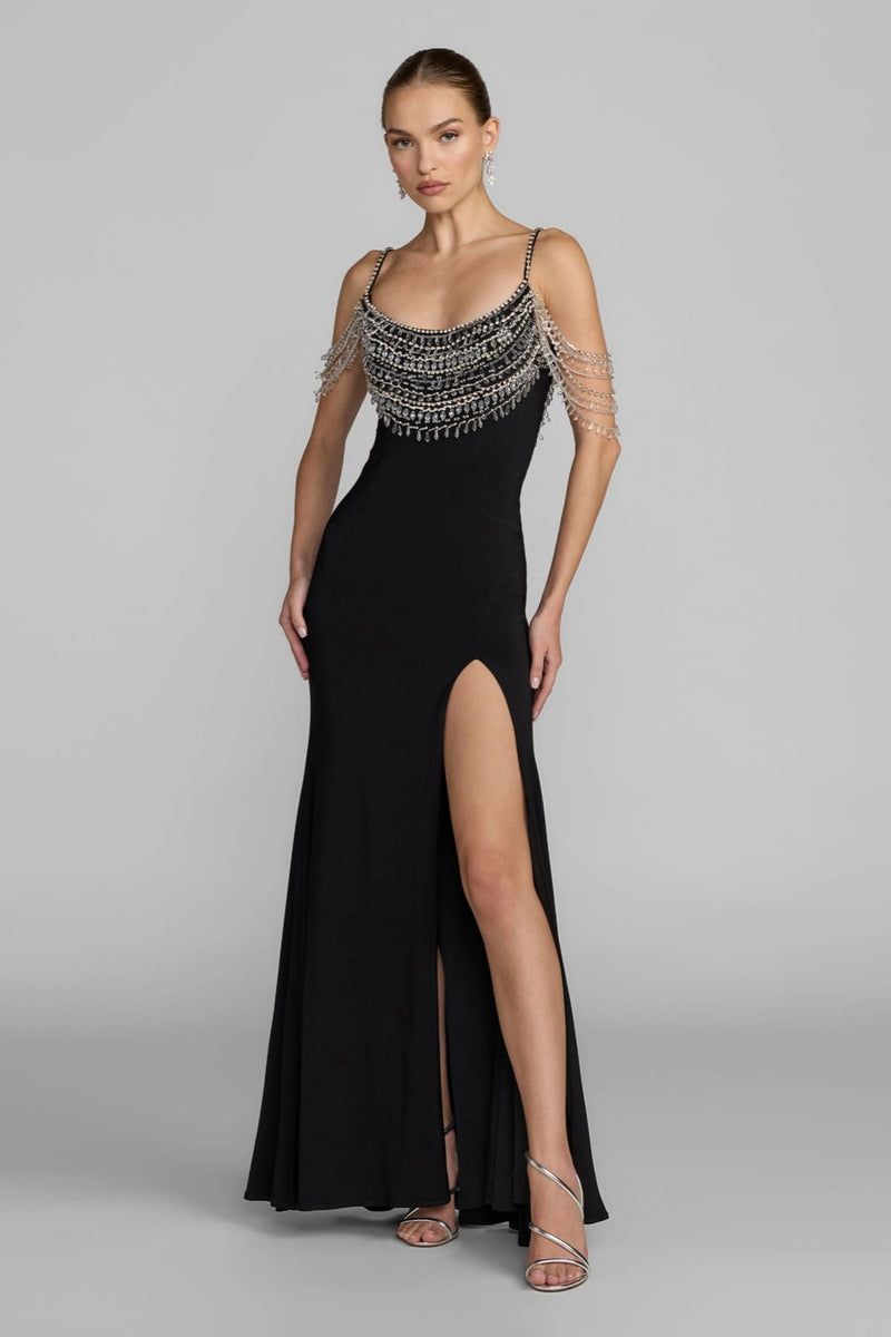 2375-Black Beaded Jersey Scoop Back Gown with Slit polyester evening-gowns by Mac Duggal in black for women in Singapore