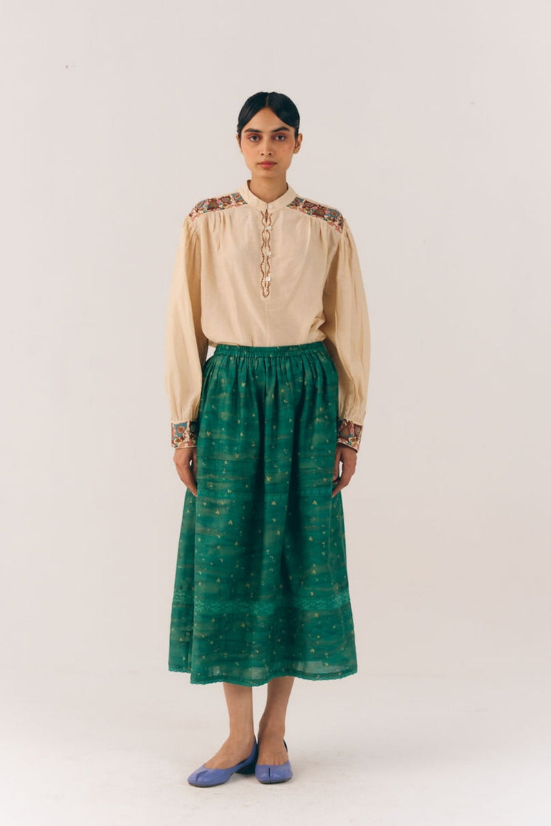 Emily Skirt-Green Tex cotton silk skirt by CORD in multi-color for women in Singapore