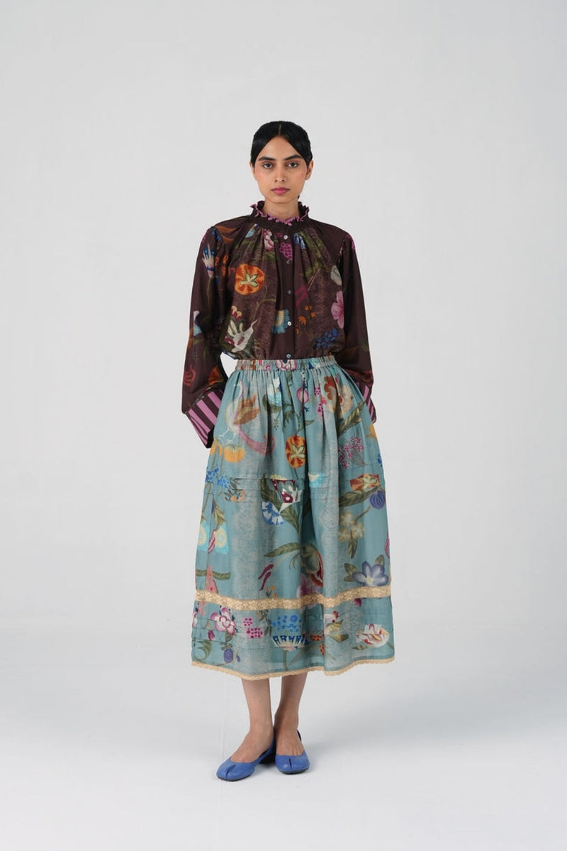 Emily Skirt-Blue Floret cotton silk skirt by CORD in multi-color for women in Singapore