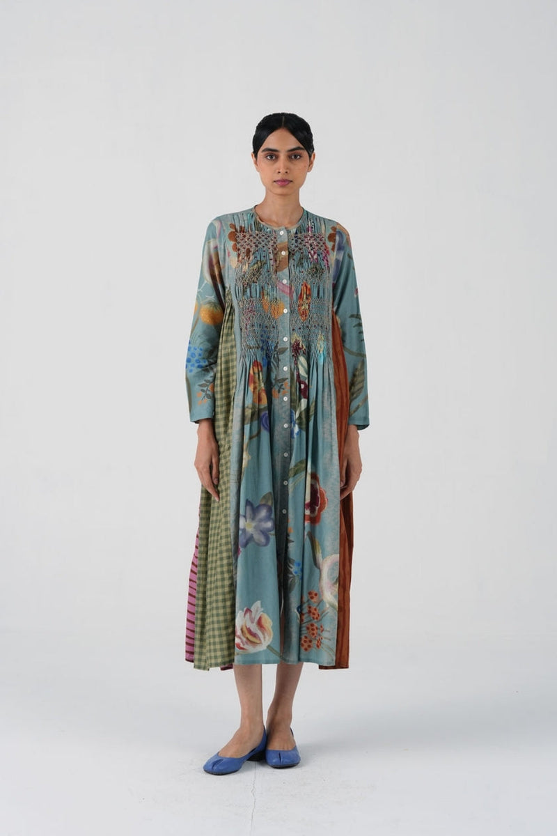 Frida Dress-Blue Floret cotton silk dress by CORD in multi-color for women in Singapore