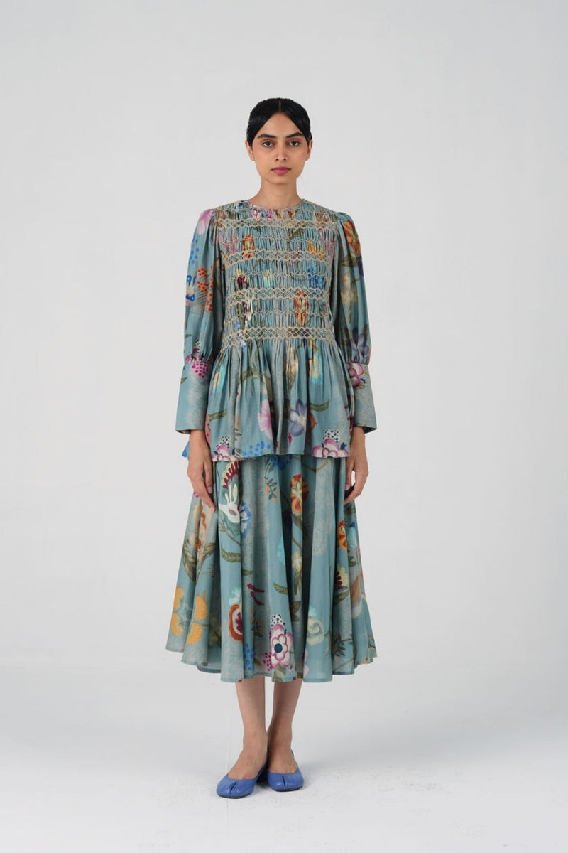 Gaia Set-Blue Floret cotton silk co-ord set by CORD in multi-color for women in Singapore