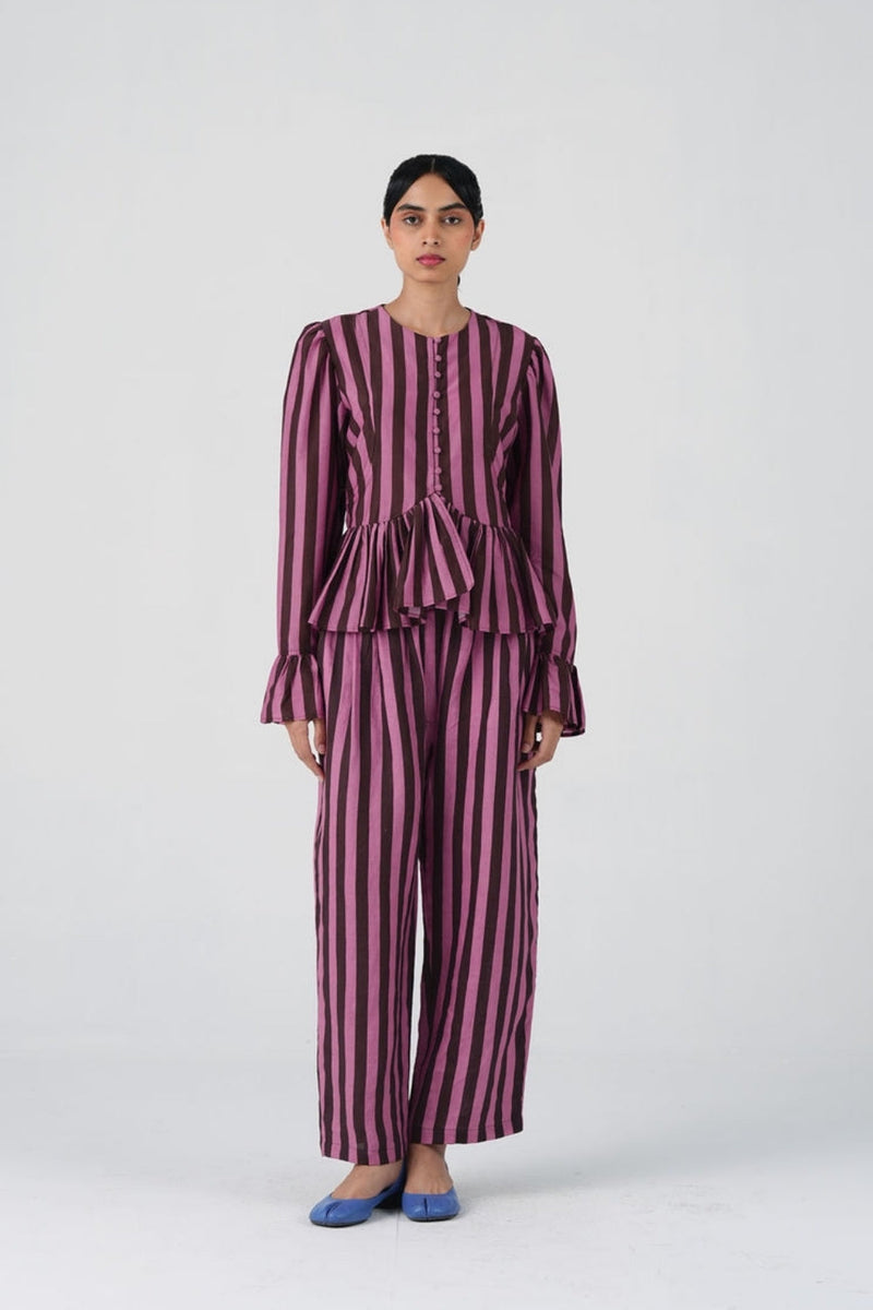 Jae Set-Brown And Pink Stripe cotton silk, linen co-ord set by CORD in multi-color for women in Singapore