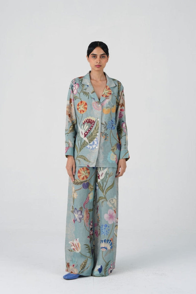 Lounge Set-Blue Floret linen co-ord set by CORD in multi-color for women in Singapore