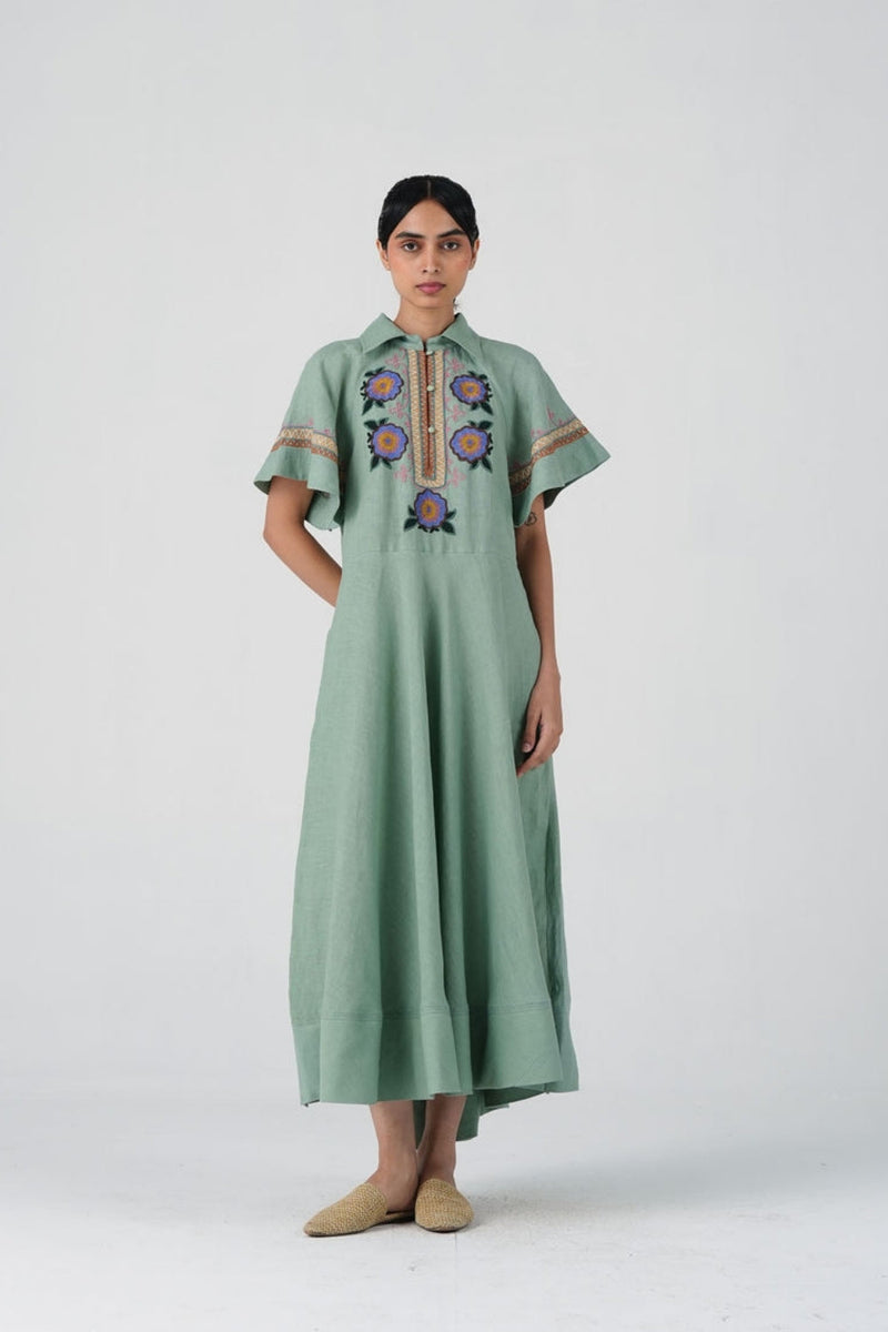 Maya Dress-Blue Marigold linen dress by CORD in multi-color for women in Singapore