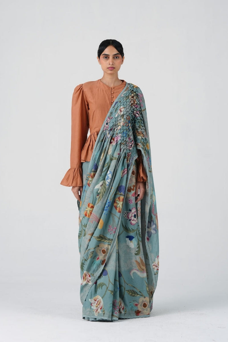 Smocked Saree-Blue Floret cotton saree by CORD in multi-color for women in Singapore
