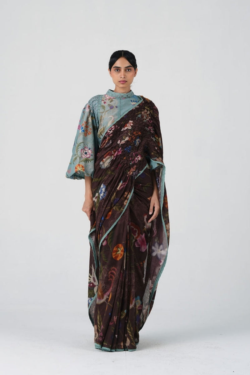Smocked Saree-Floret cotton saree by CORD in multi-color for women in Singapore
