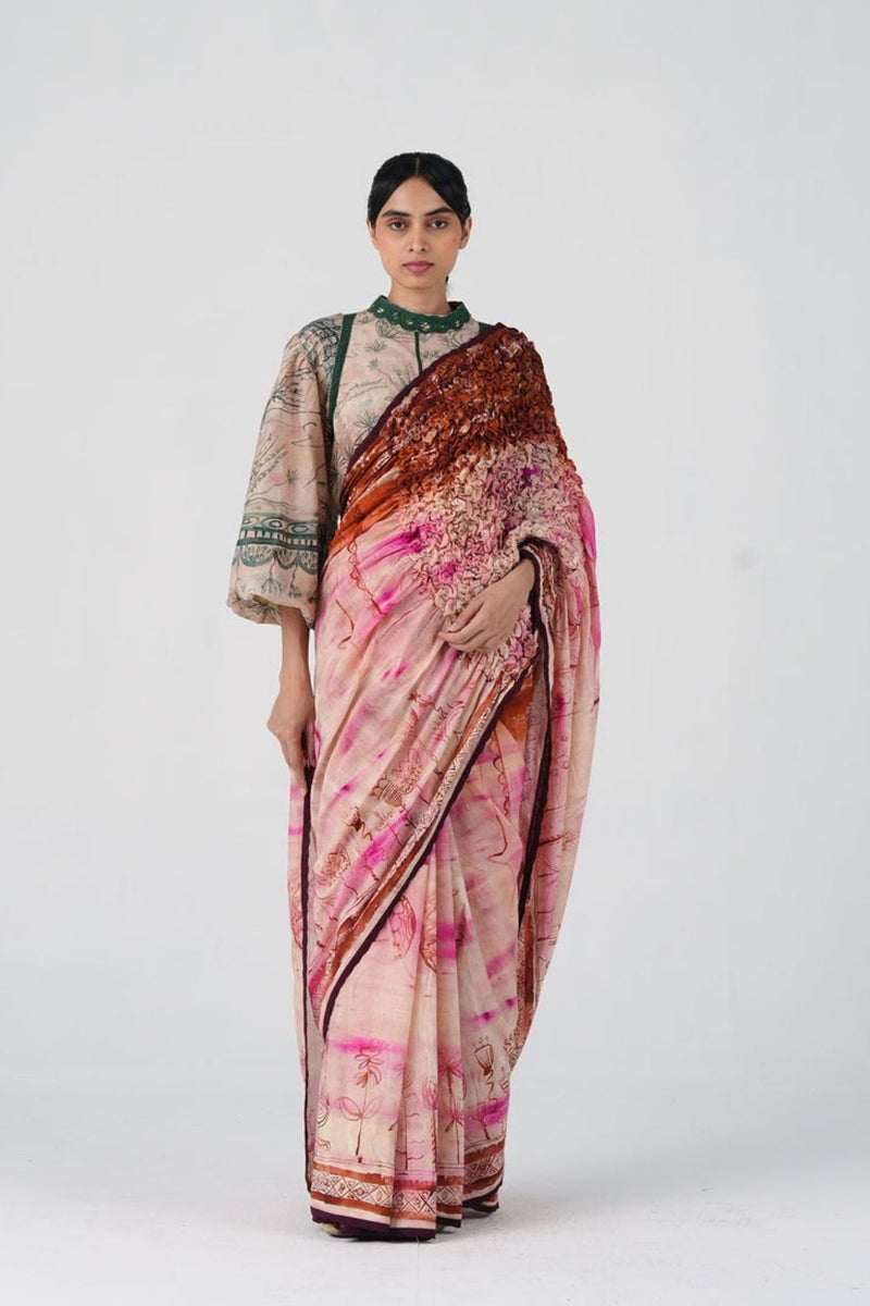 Smocked Saree-Sai cotton saree by CORD in multi-color for women in Singapore