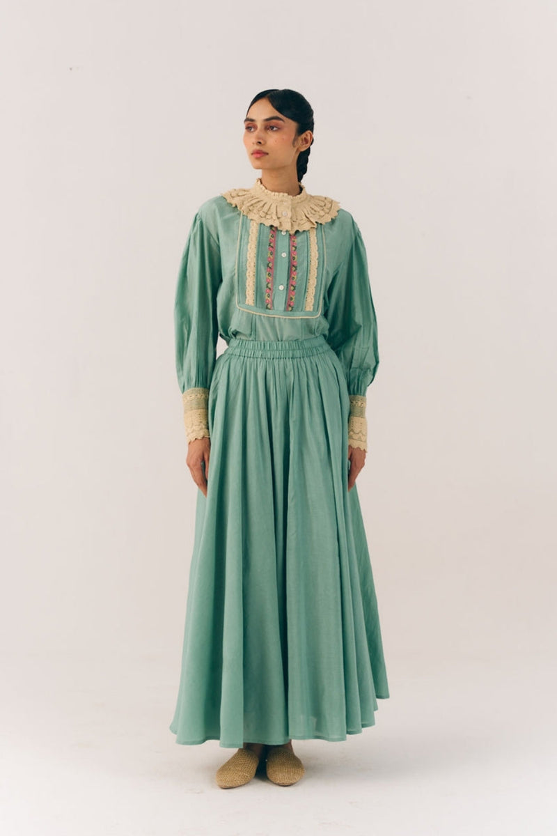Umbrella Skirt-Aqua Floret cotton silk skirt by CORD in multi-color for women in Singapore
