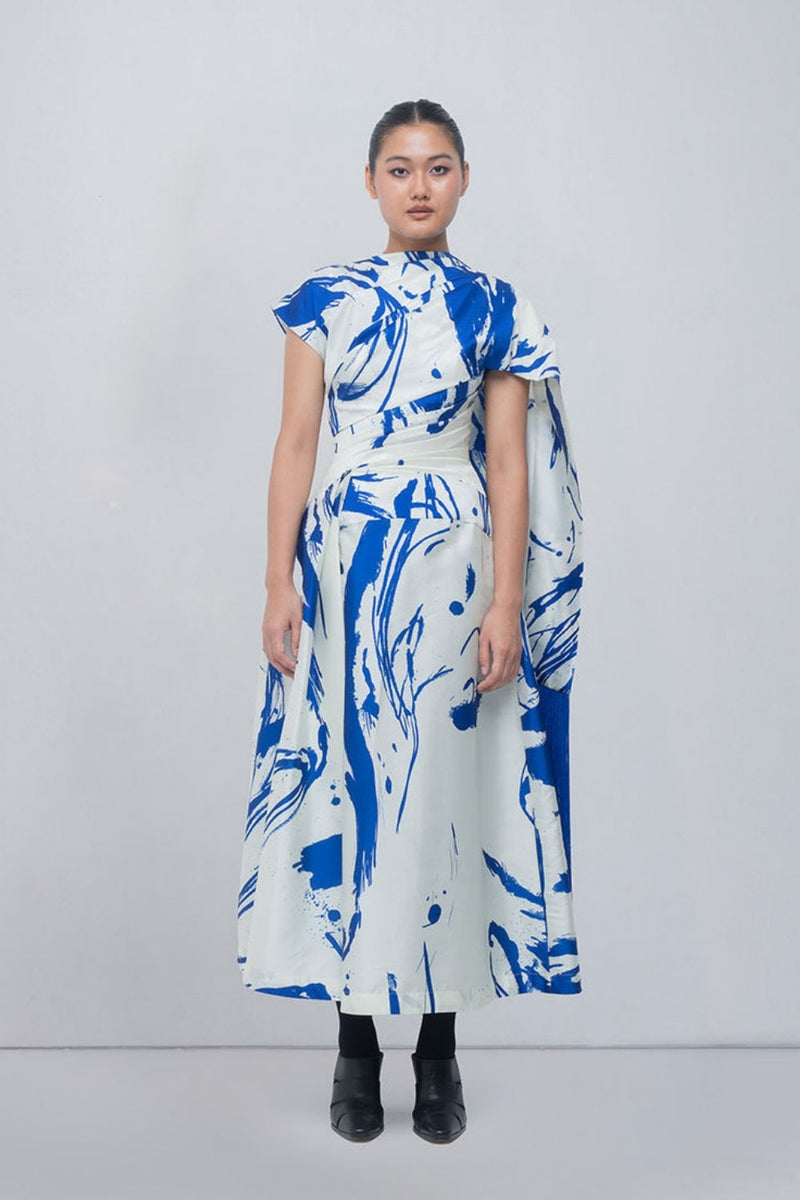 Shiori Draped Dress viscose by Leh Studios in blue/ ivory for women in Singapore